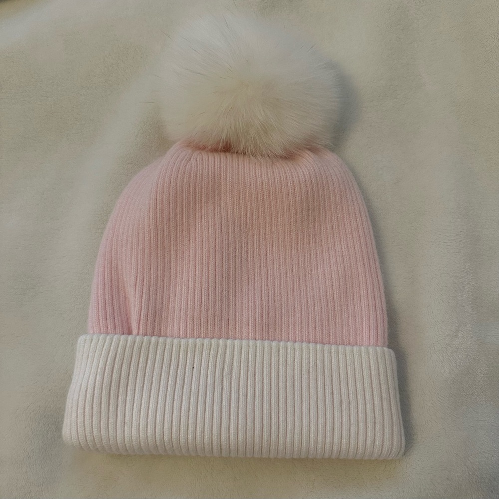 Adrienne Landau Kids Pink and White Fox Fur Pom Pom Beanie Hat